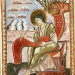 The author of Mark composes his Gospel. Behind him is a lion, which is the symbol of the Gospel of Mark in Christian iconography. This illumination is in the Gospels from Mainz of the Koninklijke Bibliotheek in The Hague (The National Library of the Netherlands).