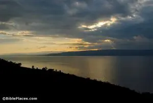 The sun sets over the Sea of Galilee. Photograph by Todd Bolen. Photo © BiblePlaces.com