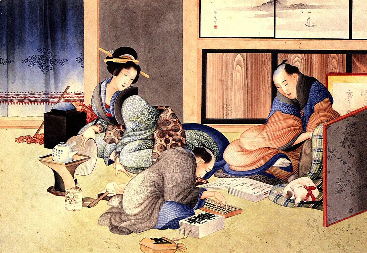 A man sits down to figure the cost in this work entitled A Merchant Making Up the Account by Japanese artist Katsushika Hokusai (葛飾北斎) (1760–1849). Image courtesy of Wikimedia Commons.