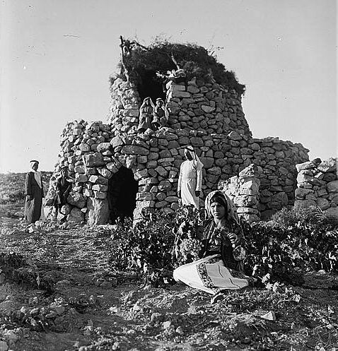 Agricultural watch tower in a vineyard near Taibeh. Photographed in 1937 by the American Colony in Jerusalem. Image courtesy of the Library of Congress.