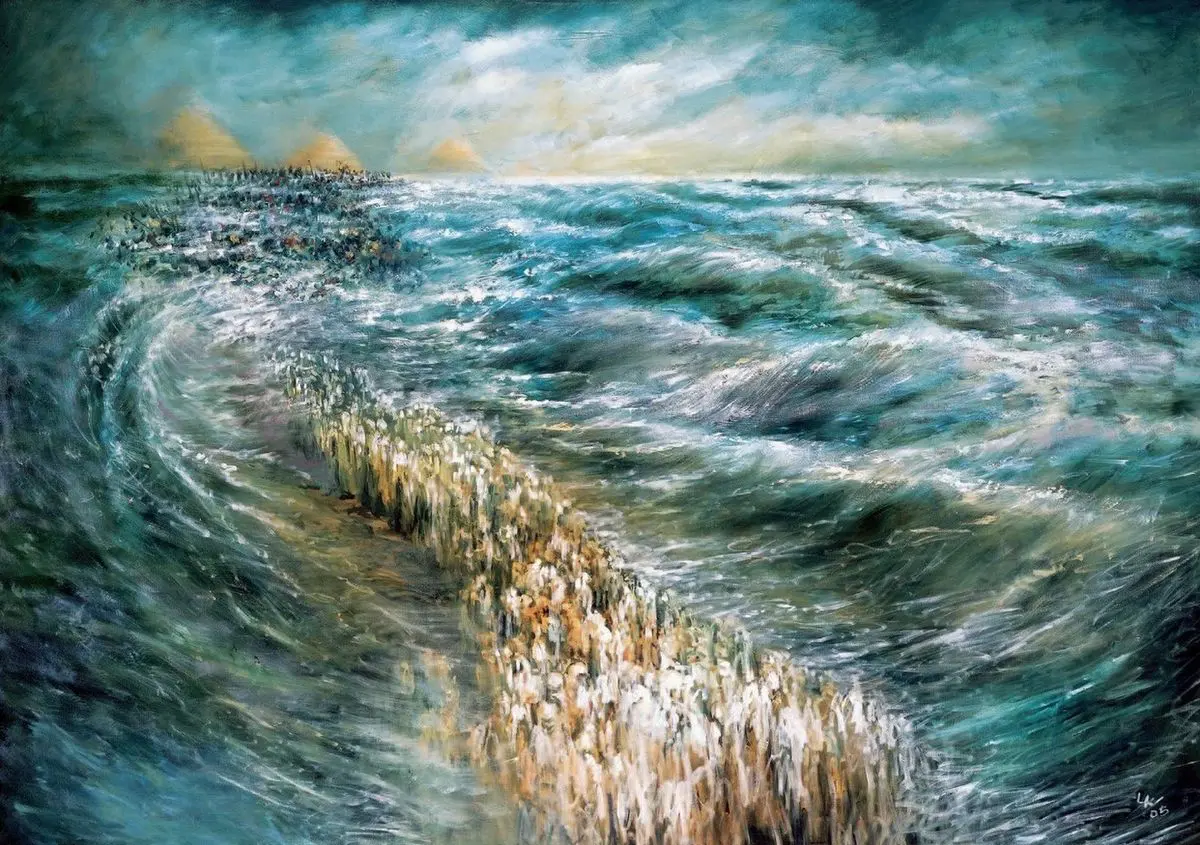 "Splitting of the Red Sea" by Israeli artist Lidia Kozenitzky. Image courtesy of Wikimedia Commons.