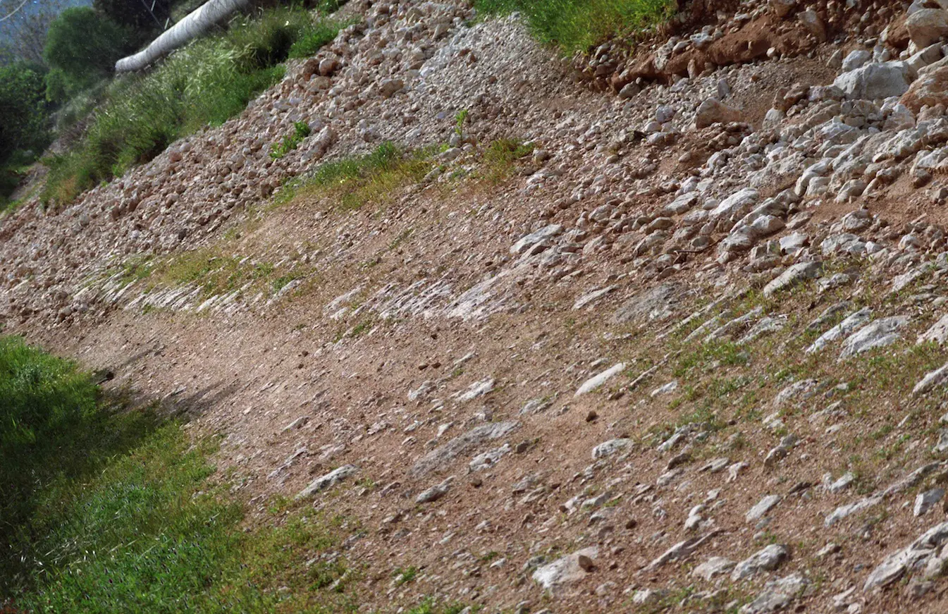 A ground-level view of a piece of the road which remained whole in 1992. Photographed by Lucinda Dale-Thomas, spring 1992.