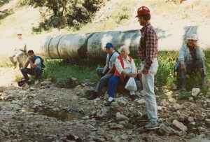 The water main that now runs alongside, and sometimes through, the ancient remains of the Roman road to Emmaus. Here, in this hidden valley, the 42-inch water pipe, part of the “Fourth Line,” was not buried, as it was for most of its length from Beth Shemesh. The pipe’s stanchions destroyed one side of the ancient roadbed.