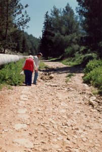 Runoff has washed out a section across the remains of the Emmaus Road.