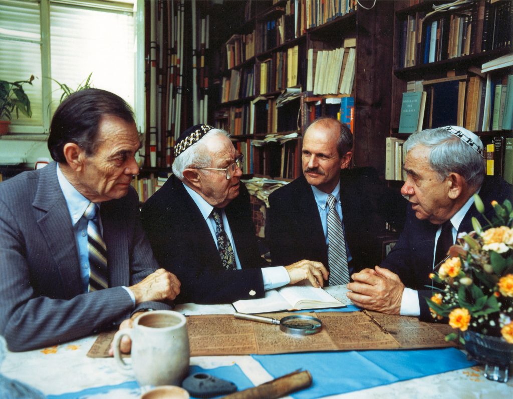 Left to Right: Robert Lindsey, David Flusser, David Bivin, Shmuel Safrai. (Photo: David Harris)