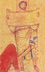 Ezra, or Moses, holding an open scroll by its two rolled ends. A panel of the frescoes that covered the walls of the mid-third-century C.E. synagogue at Dura-Europos, Syria. Photograph from Gillman slide collection. [Public domain], via Wikimedia Commons.