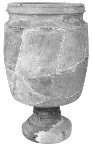 The first of the giant stone water storage jars to be discovered. The pieces of this jar were dug up in the 1930's in Jerusalem's Old City by R. W. Hamilton, director of the mandatory Palestine Department of Antiquities. Until the "Burnt House" excavations in 1969, one one other jar of this type had come to light.]