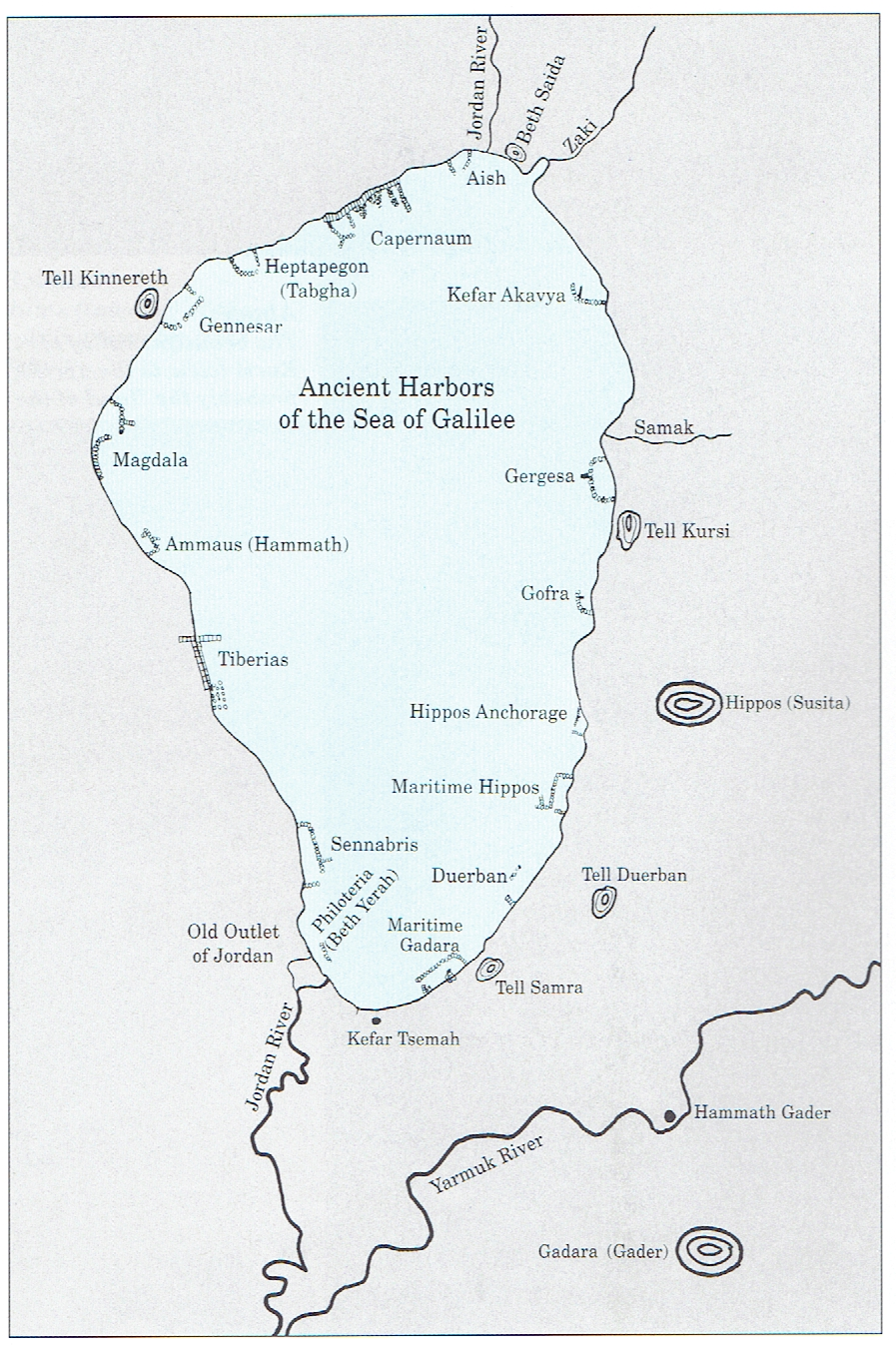 Map of the Sea of Galilee's ancient harbors. Sixteen harbors have recently been discovered, thirteen of them by the author.