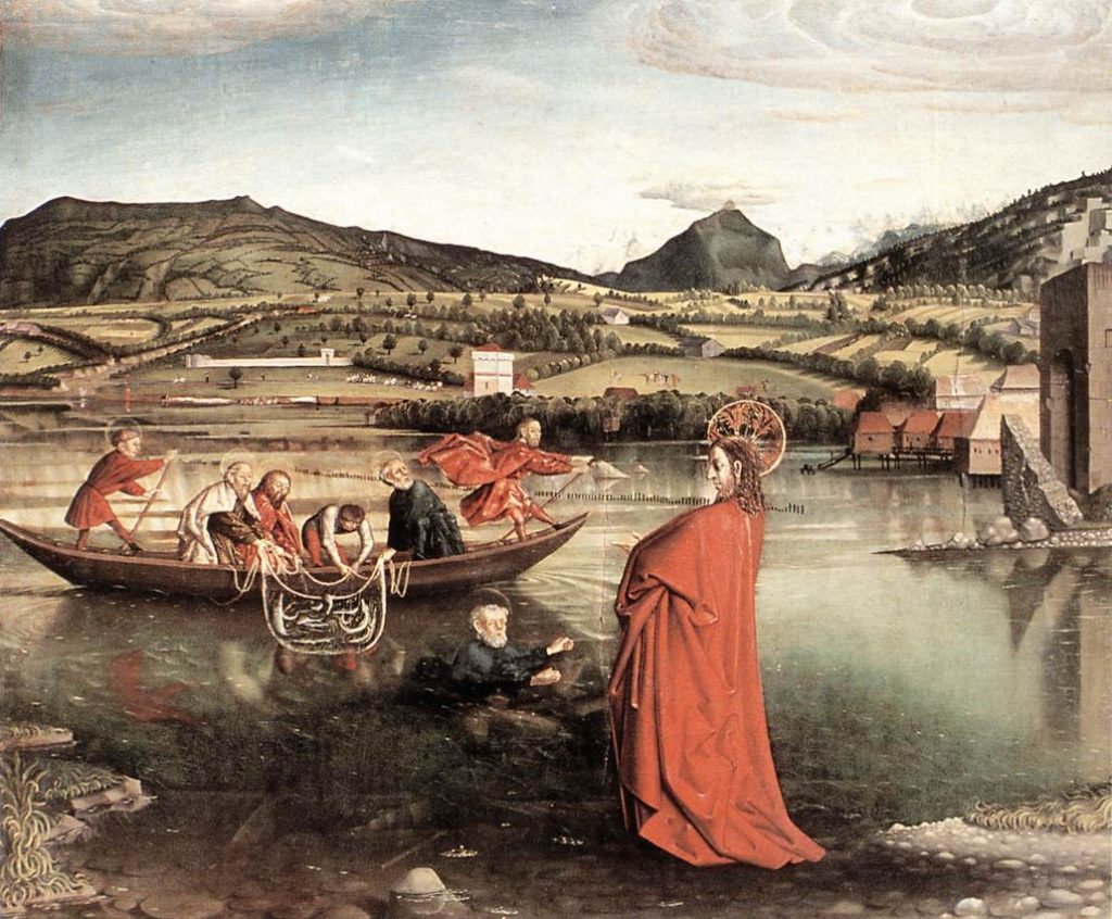 "The Miraculous Catch of Fish" by painted by Conrad Witz in 1444, depicts Jesus and his disciples against the backdrop of Lake Geneva and Mont Blanc, Jesus stands on the shore and Peter, in full robe, attempts to swim to him. (Photo by Bettina Jacot-Descombes)