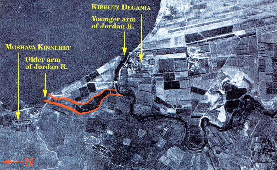 Aerial photograph (1943) of the Sea of Galilee's southwestern corner. Visible are the lake's two outlets: the silt-filled older arm (outlined in red) beside Moshava Kinneret, and the flowing, younger arm (to the south) near Kibbutz Degania.