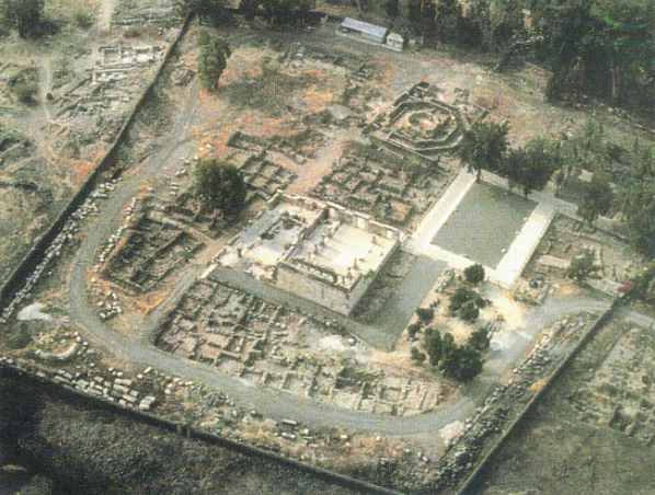 Aerial photograph of the excavated ruins of the fisherman's neighborhood at Capernaum.