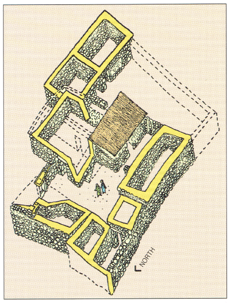 Isometric reconstruction drawing of the first-century fisherman's house found in Level I of the Stanisalo Loffereda excavations at Capernaum.