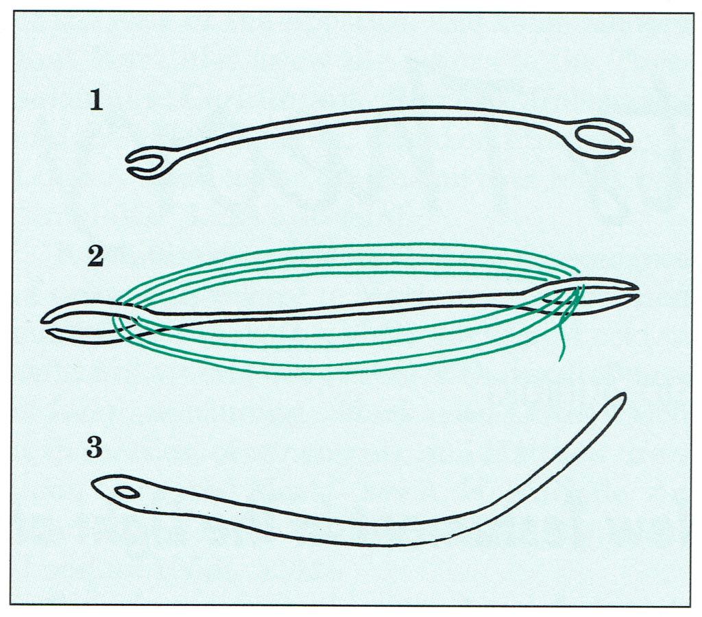 1. Roman-period netting needle found at Magdala. 2. 14th-century netting needle found at Gaza. A netting needle is used to make and repair fishing nets. It also holds the fisherman's reserve--as much as several meters--of netting cord. 3. Bronze needle found in the "Fisherman's House" at et-Tell.