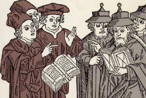 Woodcut depicting a disputation between Christian and Jewish scholars. Johann von Armssheim (1483).