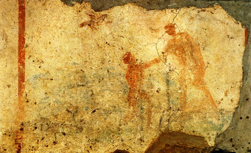 Earliest known representation of the Jewish form of baptism. This fresco, found in the second-century Callistus catacomb in Rome, depicts Jesus after he had immersed himself being assisted out of the Jordan River by John the Baptist.