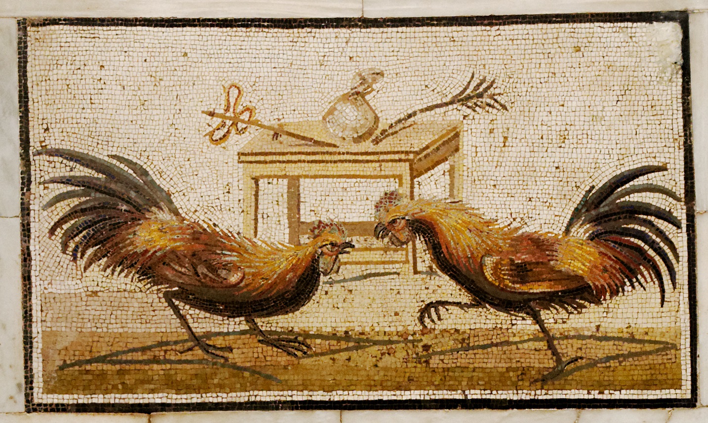 Roman mosaic depicting a cockfight. Two roosters meet in combat before a table displaying the winner's prizes (from right to left: a caduceus [symbol of Mercury, patron of gamblers]; a moneybag; and a palm of victory).