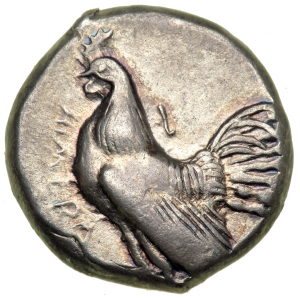 Silver didrachma coin from Himera, Sicily depicting a rooster and bearing the inscription HIMERA (ca. 483-472 B.C.E.). Image courtesy of the <a href="https://www.cngcoins.com/Coin.aspx?CoinID=217040" target="_blank" rel="noopener noreferrer">Classical Numismatic Group</a>.