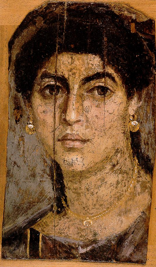 Fayum mummy portrait of a woman with pearl earrings (first cent. C.E.).