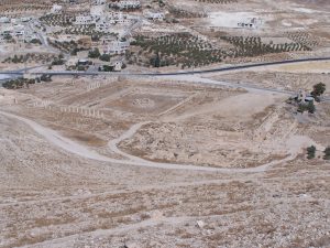 Pool complex at the Herodium as seen from the summit of the palace-fortress. Photo courtesy of Joshua N. Tilton.