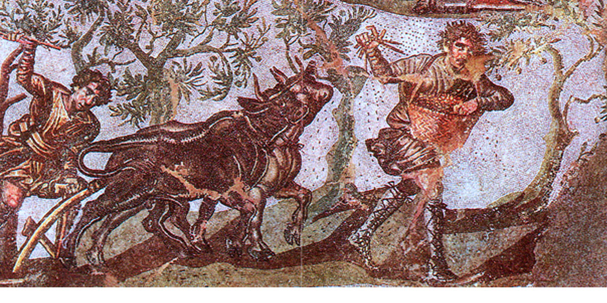 Lower register of a first or second-century C.E. Roman mosaic from Cherchel in Algeria depicting a man plowing with oxen.
