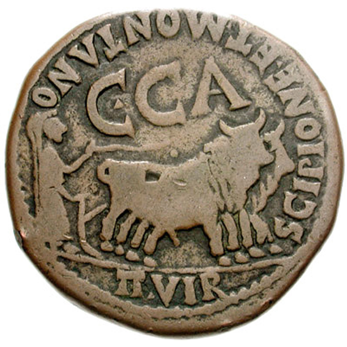 Roman coin of the first century C.E. depicting a priest plowing with oxen. In one hand he holds the plow, while in the other he wields a goad. Photo courtesy of Classical Numismatic Group, Inc. (http://www.cngcoins.com).