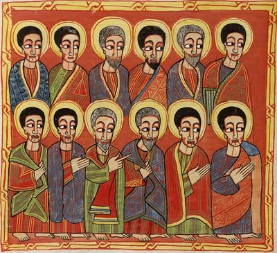 Yeshua's twelve apostles as depicted in an illuminated Ethiopian Bible.