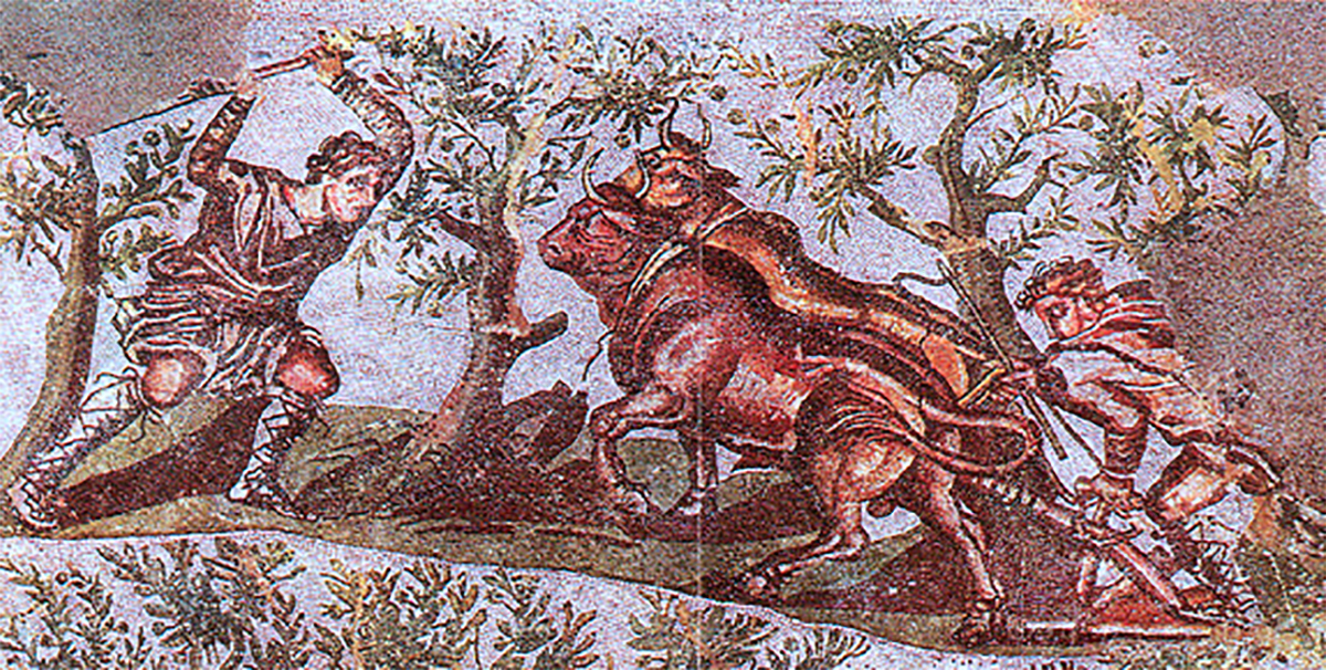 Upper register of a first or second-century C.E. Roman mosaic from Cherchel in Algeria depicting a man plowing with oxen.