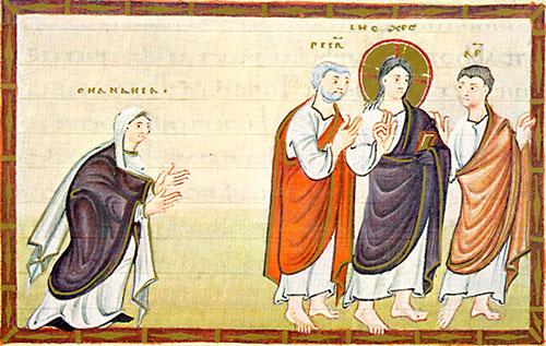 Jesus ignores the plea of the Canaanite woman. Illumination from the Codex Egberti (tenth century C.E.). Image courtesy of Wikimedia Commons.