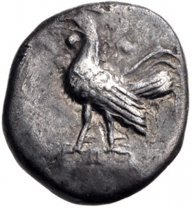 Late 6th or early 5th century B.C.E. coin from Dardanos (Turkey) bearing the image of a rooster. Image courtesy of the <a href="https://www.cngcoins.com/Coin.aspx?CoinID=252280" target="_blank" rel="noopener noreferrer">Classical Numismatic Group</a>.