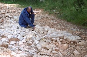 David Bivin surveys the remains of the ancient Roman road near Motza-Emmaus. Photographed by Lucinda Dale-Thomas, spring 1992.