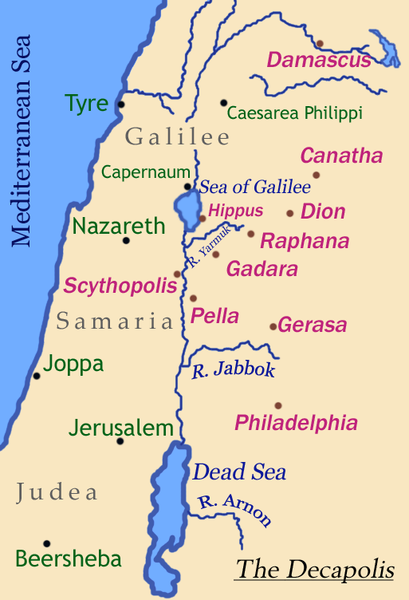 The cities of the Decapolis. Image courtesy of Nichalp via Wikimedia Commons.