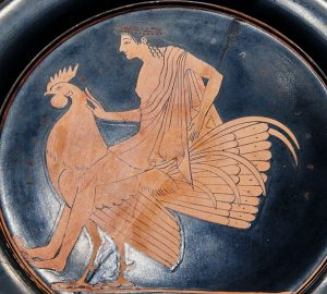 A Greek youth astride a rooster in this vase painting by Epiktetos (ca. 520–510 B.C.E.). Image courtesy of <a href="https://commons.wikimedia.org/wiki/File:Youth_rooster_Met_1981.11.10.jpg" target="_blank" rel="noopener noreferrer" class="nolightbox">Wikimedia Commons</a>.