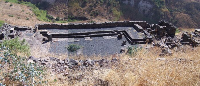 Spliced images of the remains of a first-century synagogue in Gamla. Photographs by Joshua N. Tilton.