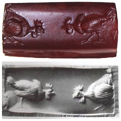 Late 4th century (?) B.C.E. Greco-Persian seal (above) and impression (below) depicting a cockfight. Discovered in Anapa, on the norther coast of the Black Sea in Russia. Image courtesy of <a href="https://commons.wikimedia.org/wiki/File:Greco-Persian_seal_Cockfight.jpg" target="_blank" rel="noopener noreferrer" class="nolightbox">Wikimedia Commons</a>.