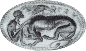 5th century B.C.E. gemstone seal depicting a rooster running over a lion's back. Image courtesy of <a href="https://commons.wikimedia.org/wiki/File:Greek_Seals_2.jpg" target="_blank" rel="noopener noreferrer" class="nolightbox">Wikimedia Commons</a>.