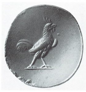 Late 4th century B.C.E. Greco-Persian gemstone seal depicting a rooster. Image courtesy of <a href="https://commons.wikimedia.org/wiki/File:Greek_Seals_6.jpg" target="_blank" rel="noopener noreferrer" class="nolightbox">Wikimedia Commons</a>.