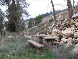 These picnic tables have been nearly swallowed up in the rubble from the Har Hamenuhot cemetery above. Photographed by Chris deVries, March 16, 2007.