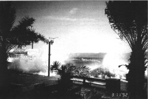 March 11:1992: An easterly pounds the promenade of the city of Tiberias. This windstorm, the worst in living memory, caused millions of shekels of damage to the lake's western shore and the rest of the Galilee. According to Nun, it was an east wind such as this that Jesus rebuked. (Photo: Mendel Nun)