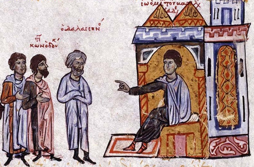 Byzantine illustration of a man sending someone on a journey. Image courtesy of Wikimedia Commons.
