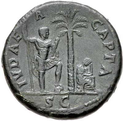 This coin, struck in 71 C.E., depicts the inevitable result of revolt against Rome. The emperor Vespasian stands with his foot on his helmet victorious over Judea, represented by a woman in mourning seated beneath a palm tree. The Latin inscription reads IVDAEA CAPTA ("Judea Captive"). Image courtesy of the Classical Numismatic Group.