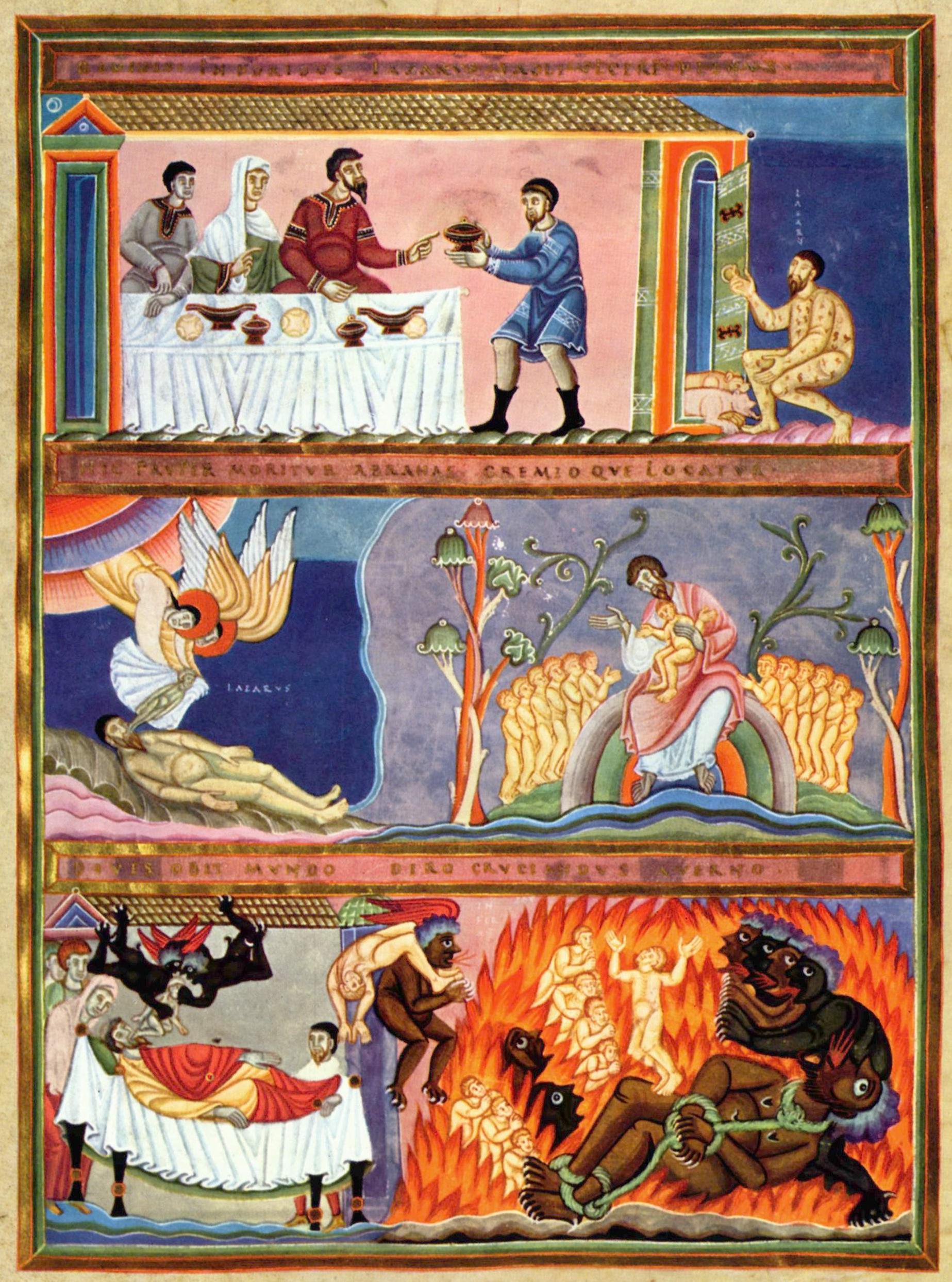 The parable of the Rich Man and Lazarus as illustrated in Codex Aureus Epternacensis. Image courtesy of Wikimedia Commons.