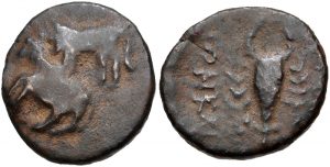 A coin from Laodicea ad Mare, modern Latakia in Syria, (ca. 45 B.C.E.) depicting a lion attacking a bull on one side and a scorpion on the other side. Image courtesy of the <a href="https://www.cngcoins.com/Coin.aspx?CoinID=287738">Classical Numismatic Group</a>.