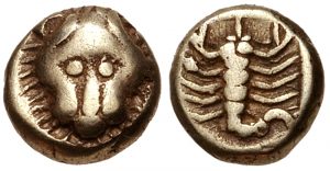 A mid sixth-century B.C.E. coin from Mylasa (south-western coast of the Anatolian peninsula) depicting a lion’s head on one side and a scorpion on the other. Image courtesy of the <a href="https://www.cngcoins.com/Coin.aspx?CoinID=303241">Classical Numismatic Group</a>.