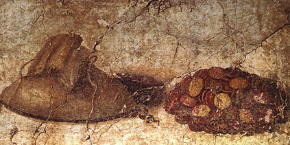 First-century C.E. Roman fresco from Pompeii depicting coins and a money bag. Image courtesy of Wikimedia Commons.