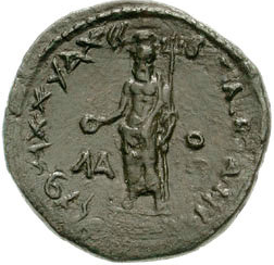A coin minted in Beirut during the reign of Antiochus IV Epiphanes (175-164 B.C.E.) bearing the Phoenician inscription "Laodicia which is in Canaan" and the Greek initials ΛΑ for Laodicia. Photo courtesy of the Classical Numismatic Group.