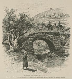 A sketch of Qalunya as it was in the 1870s, which appeared in Charles Wilson's <a href="https://archive.org/details/picturesquepales01wils"_blank"><i>Picturesque Palestine Sinai and Egypt</i></a> (4 vols.; London: J. S. Virtue; 1880). The bridge, which may have been built on Roman foundations, was washed away in a flood in the winter of 1877-1878, an event that was described by Conrad Schick in the <a href="https://archive.org/details/quarterlystateme19pale"_blank"><I>Palestine Exploration Fund Quarterly Statement</i></a> 19 (1887): 51. Image courtesy of <a href="https://commons.wikimedia.org/wiki/File:Kolonia,_and_Wady_Beit_Han%C3%AEna,_favourtie_place_of_resort_of_the_people_of_Jerusalem;_it_is_famous_for_its_well-kept_vineyards_and_vegetable_gardens_(NYPL_b10607452-80384).jpg"_blank">Wikimedia Commons</a>.
