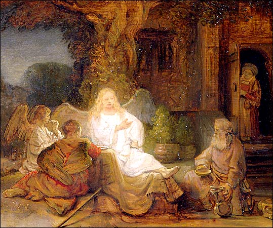Abraham entertains his angelic guests, performing all the duties of a hospitable host in this painting by Rembrandt. Image courtesy of Wikimedia Commons.