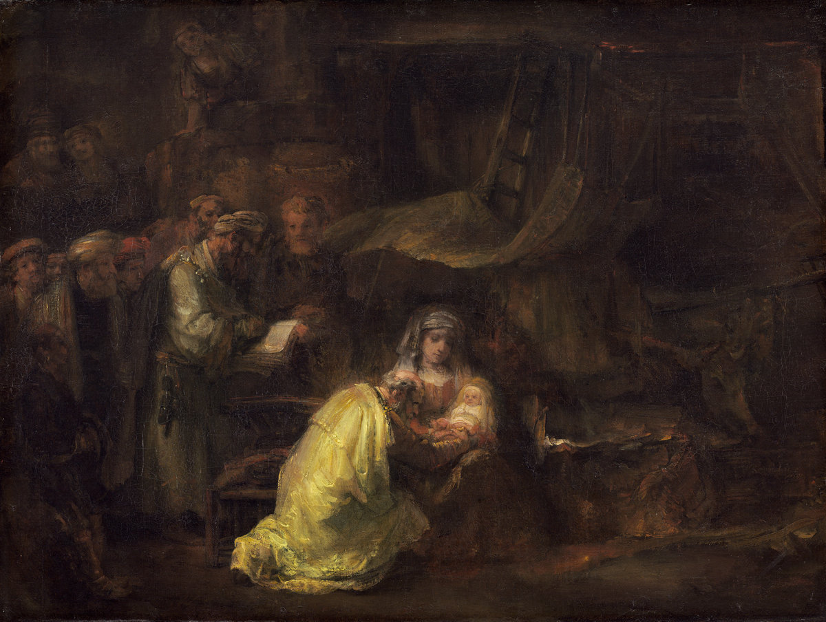 Rembrandt van Rijn, "The Circumcision," oil on canvas (1661). This painting correctly depicts the circumcision of Jesus not in the Temple, but in the family's private dwelling. Image courtesy of Wikimedia Commons.