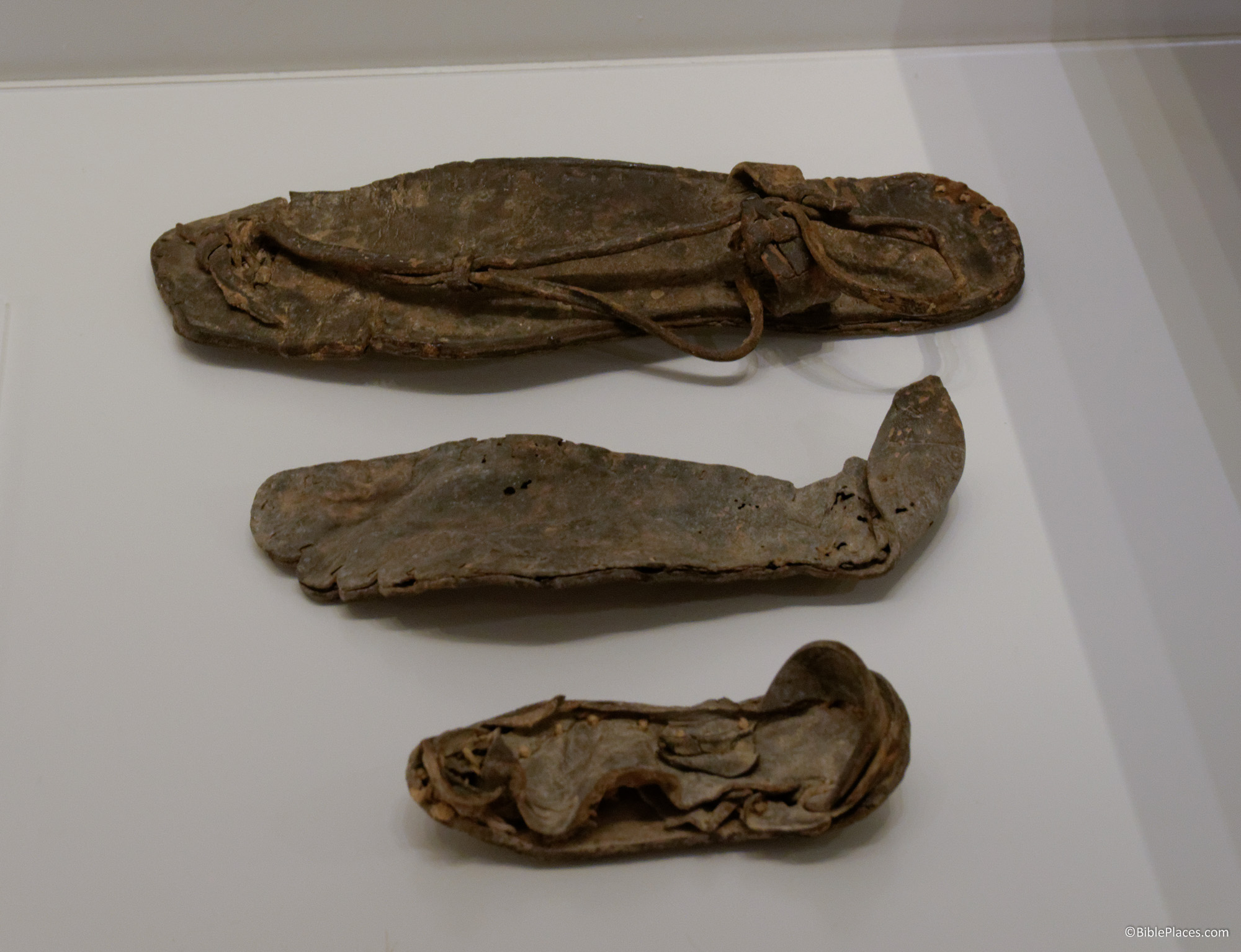 Sandals (top and middle) and a child’s shoe (bottom) from the first century C.E. discovered in the North Palace at Masada. Photo courtesy of BiblePlaces.com.