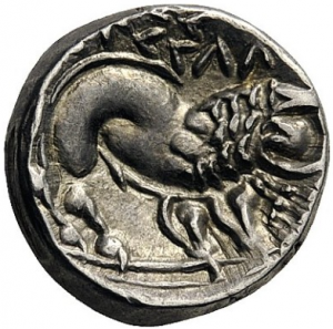 A silver drachma from southern Gaul (late third to early second century B.C.E.) depicting a lion with a scorpion head. Image courtesy of the <a href="https://www.cngcoins.com/Coin.aspx?CoinID=269075">Classical Numismatic Group</a>.